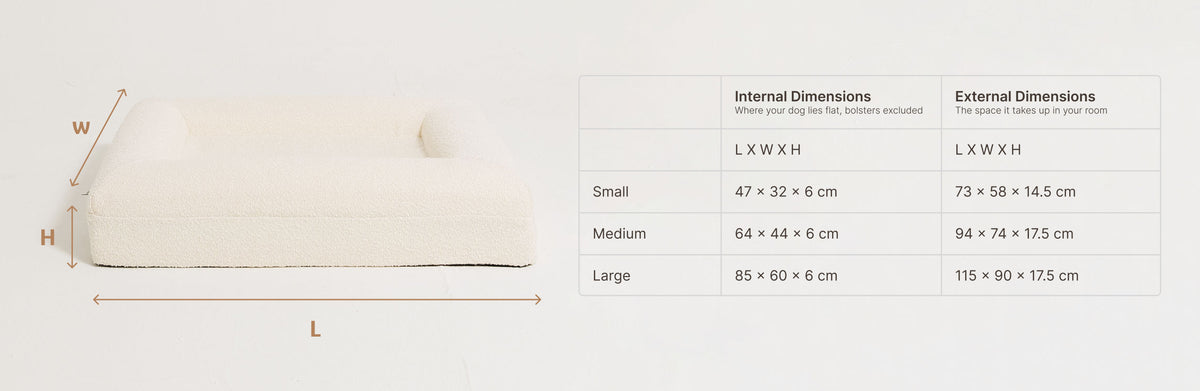 A Mello dog bed shown on the left with dimension labels, next to a size table listing internal and external dimensions for Small, Medium, and Large bed sizes 