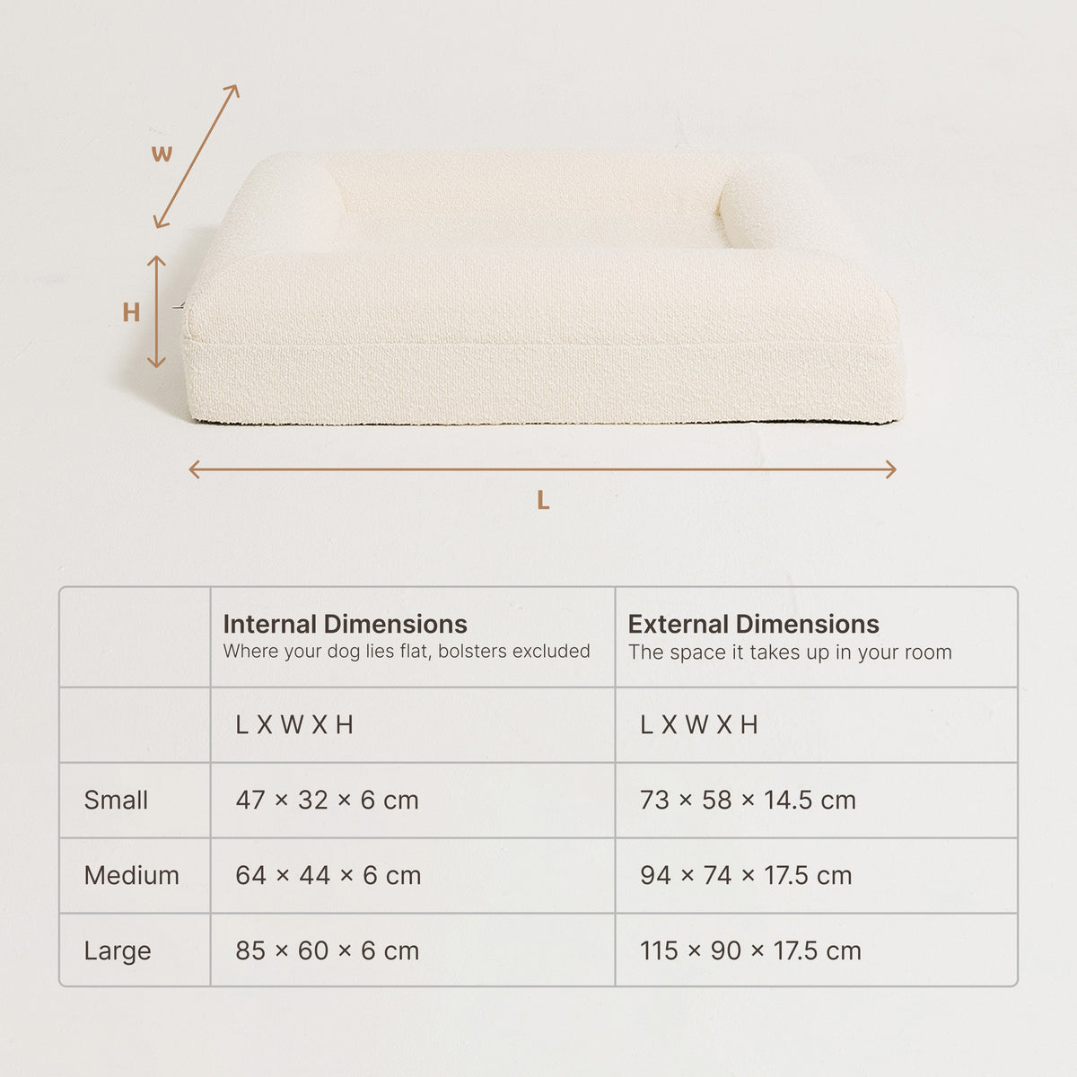 A Mello dog bed shown on the top with dimension labels and below, a size table listing internal and external dimensions for Small, Medium, and Large bed sizes 